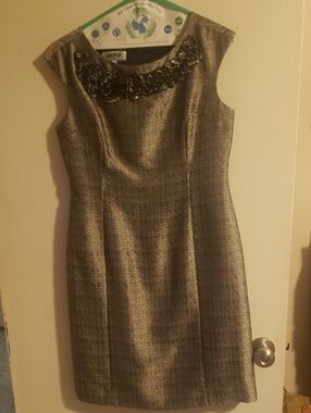 Kasper Metallic Gold Sheath Dress with Embellished Neckline